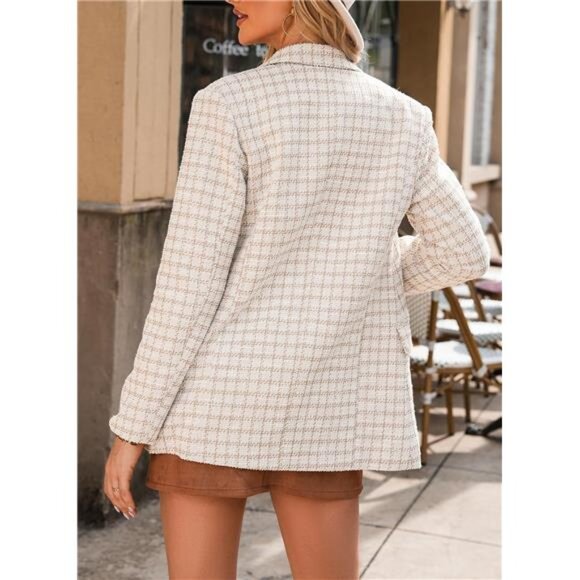 Women's Plaid Tweed Blazer Long Sleeve Double Breasted Open Front Jacket Suit - Picture 5 of 7